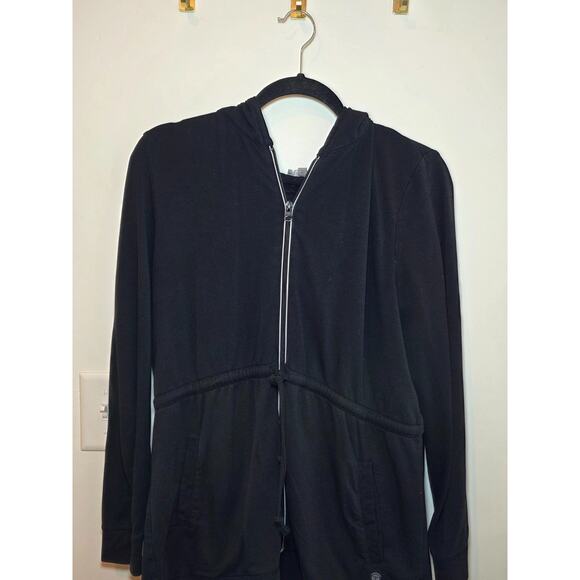 T by Talbots Jacket Lp Hoodie Black Sweatshirt Zip Cinched Waist Pockets Modal - Picture 2 of 8